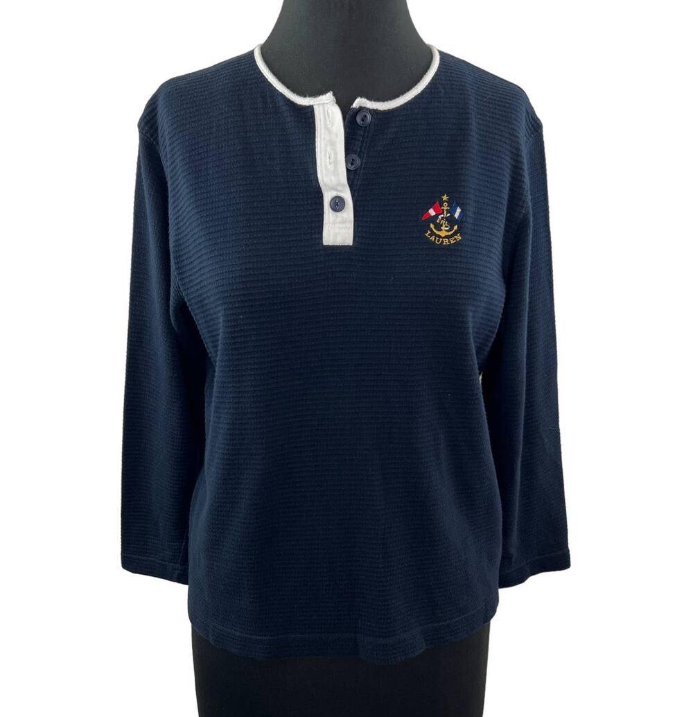 VTG Lauren Ralph Lauren Navy Blue Anchor Crest Henley Pullover 3/4 Sleeve S